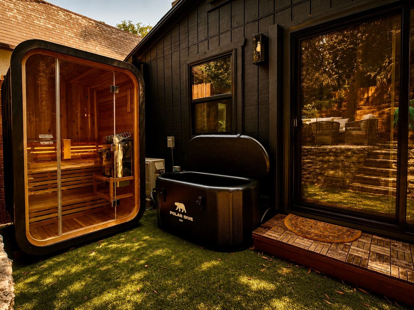The cedar sauna in the garden, its glass front glowing, with the cold plunge beside it against the black board-and-batten house