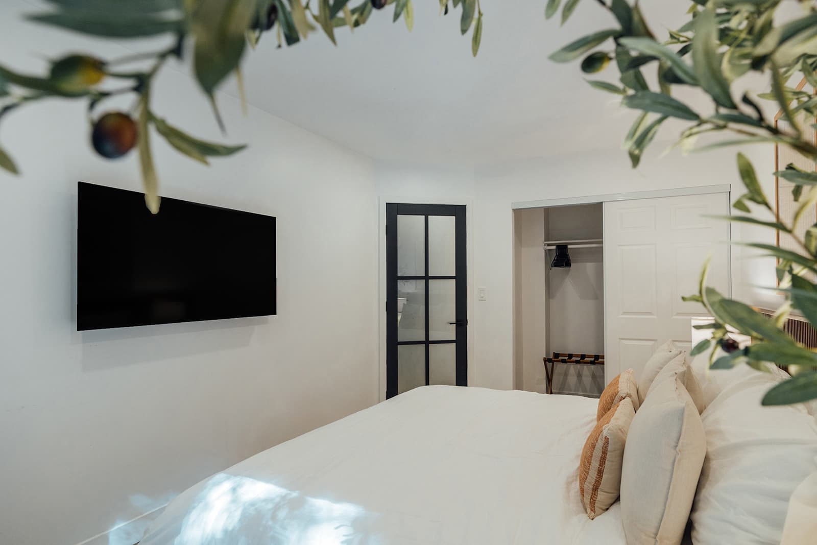 A garden bedroom corner with a wall-mounted television, a black-framed glass door and an open sliding-door closet with a luggage rack, seen past blurred olive branches