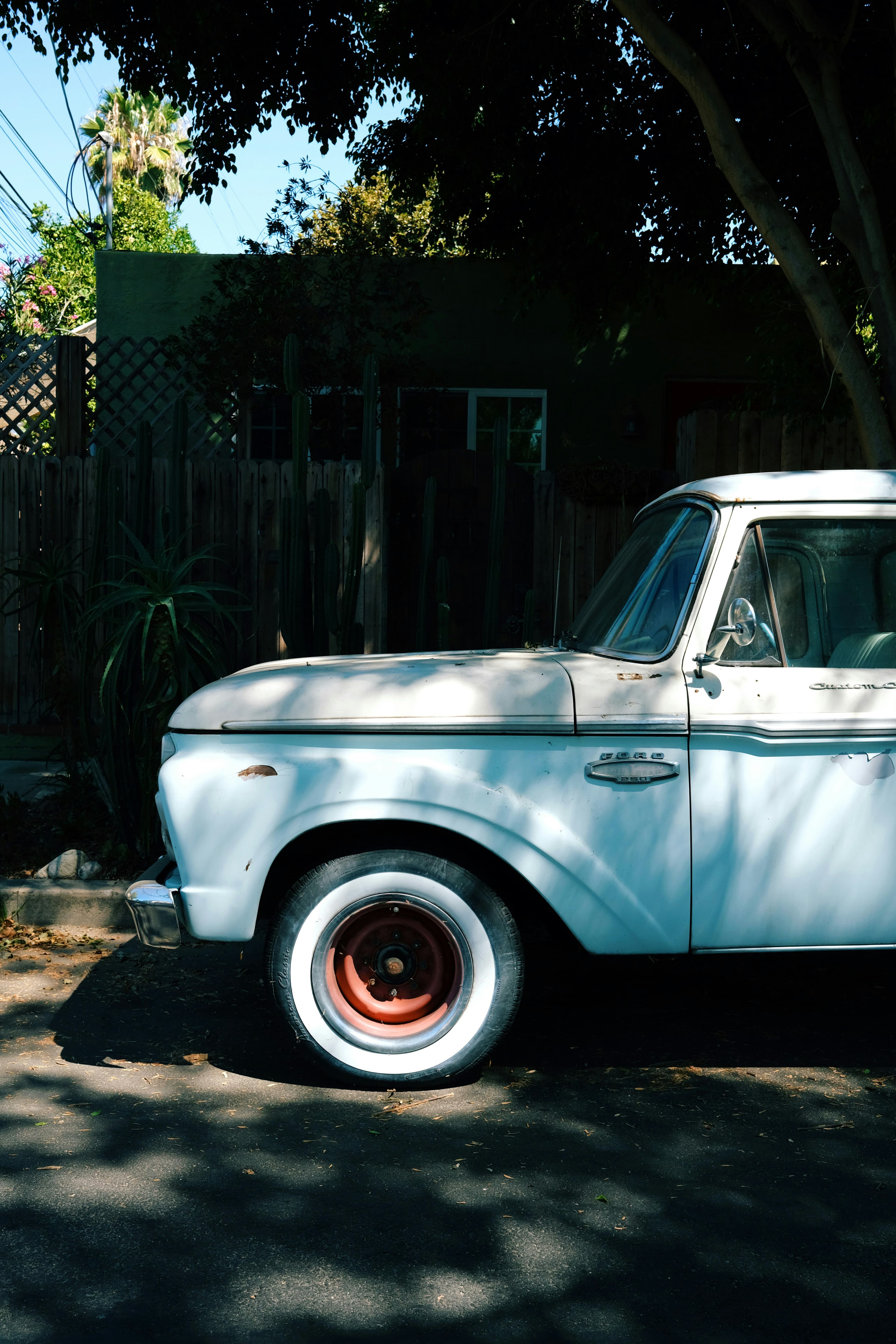 A vintage pale-blue Ford pickup parked at the curb in dappled shade, against a wood fence and cactus